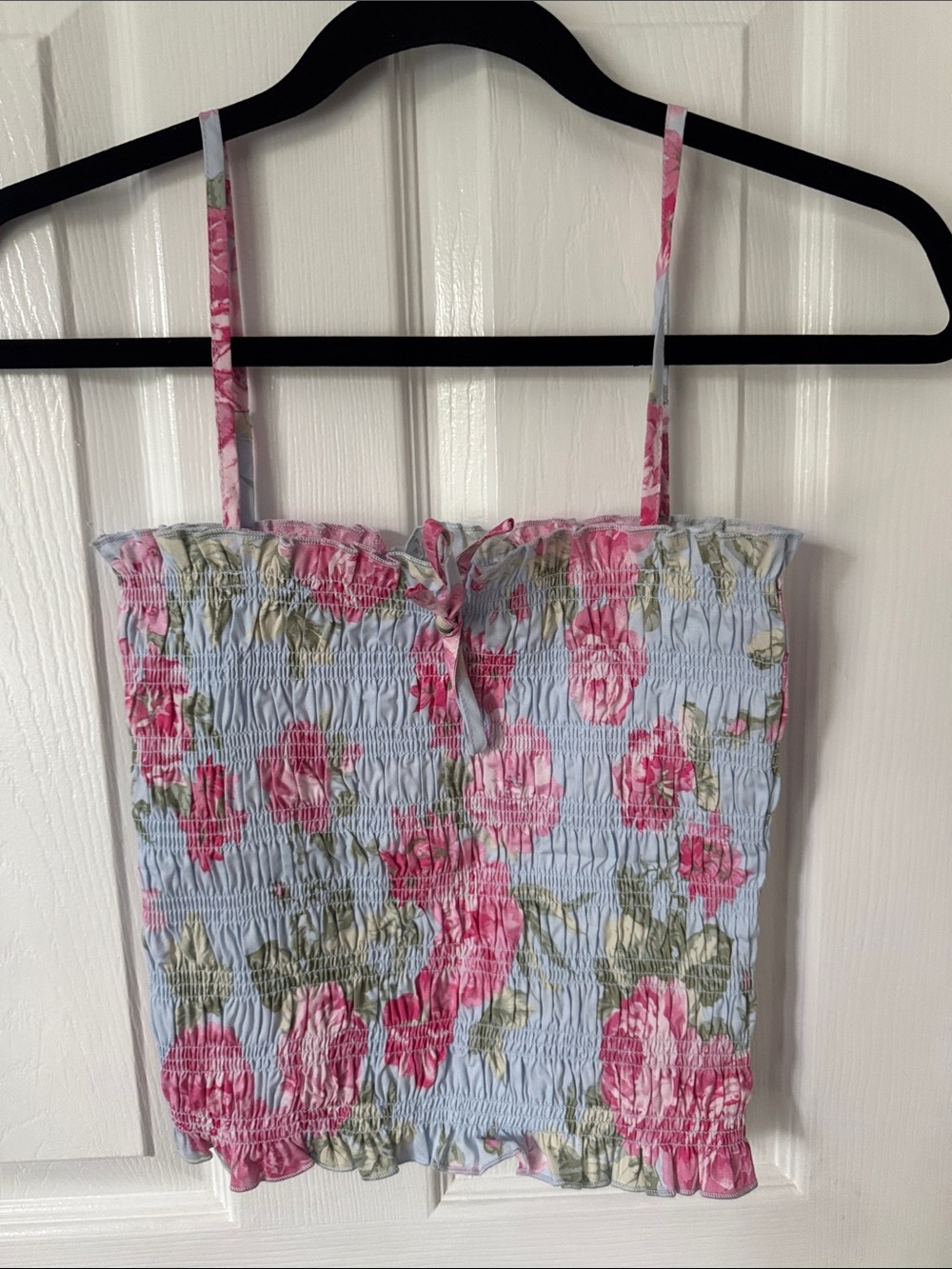 Wayf Blue Floral Smocked Camisole with Pink Roses